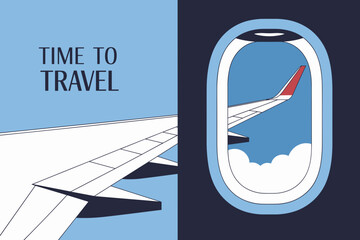 Stylized vector illustration of airplane wing showcasing a sky view, ideal for travel themes. © VGX Ultra