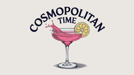 Vintage-style illustration of a cosmopolitan cocktail with a lemon slice and splash, elegant design.