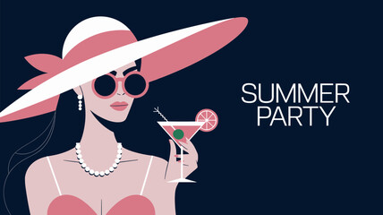 Stylish vector illustration of a woman at a summer party, featuring pink tones and a refreshing cocktail