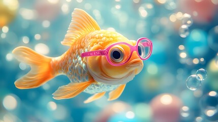 Vibrant Cartoon Fish in Stylish Glasses Surrounded by Balloons in a Bright Water World