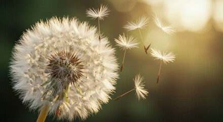 Dandelion Seeds Flying Away in the Wind on Warm Sunny Day