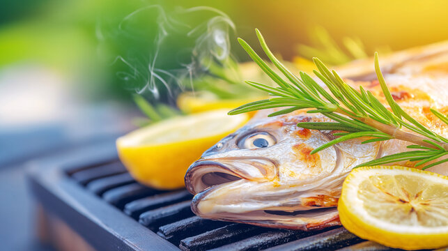 Grilled dorade showcases vibrant flavors as it smokes over charcoal, garnished with fresh rosemary and lemon slices, creating a perfect summer feast with friends outdoors