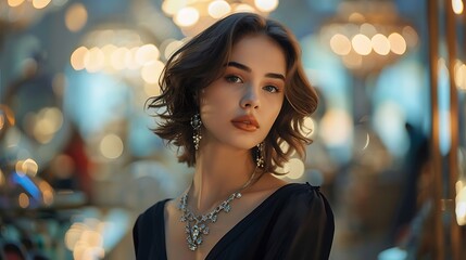Fototapeta premium An elegant girl exudes grace and confidence with every step. Her poised demeanor, refined style, and subtle charm create an aura of timeless beauty. She captivates effortlessly, leaving a lasting impr