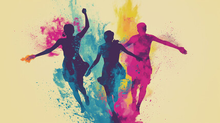 Naklejka premium Silhouettes of people dancing joyfully in a colorful explosion of Holi powder, celebrating the festival’s vibrance and energy.