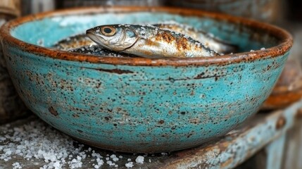 Salty Sardines in Rustic Turquoise Bowl: A Coastal Delight