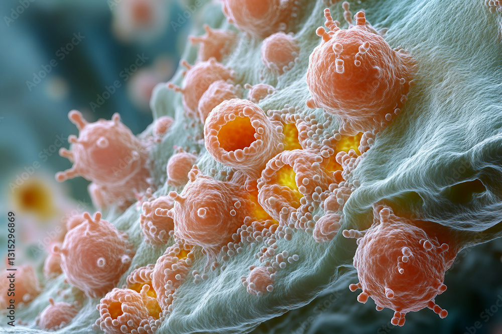 Poster generative ai illustration of microscopic bacterial forms showcasing vivid molecular structures and 