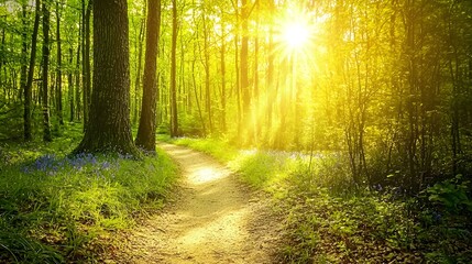 Obraz premium Serene Springtime Forest Path Illuminated by Sunlight with Bluebells