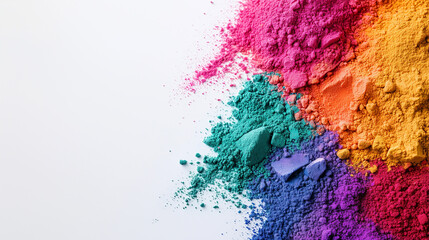 Scattered colorful Holi powder in pink, green, blue, orange, yellow, and purple on a white background, creating a dynamic and festive artistic composition.