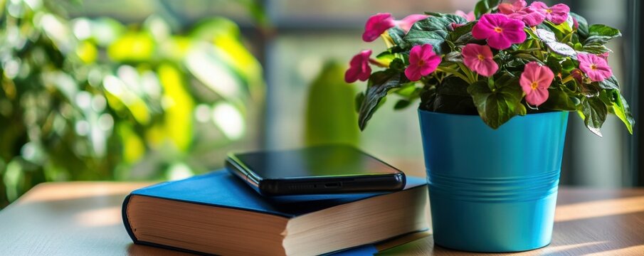 A mobile phone rests on a stack of books next to a vibrant flower pot, illustrating the concept of online education and virtual learning in a cozy study environment