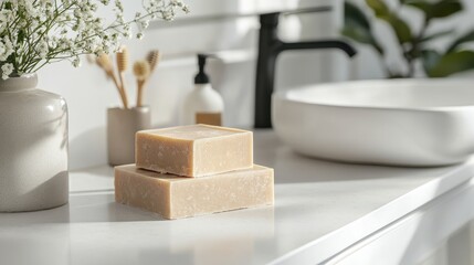 A set of luxury natural soaps with floral scents, placed on a white countertop