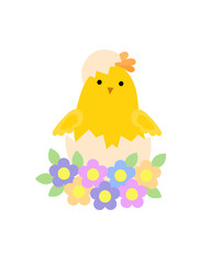 Cute little chick in hatched egg shell, funny yellow flat style cartoon Easter character vector illustration, symbol of festive springtime period clipart for cards, poster, banner, Easter decor