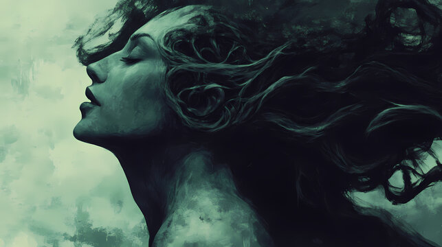 A haunting illustration of a demon whispering dark secrets into the ears of a sleeping person. Whispering - Wind. Illustration