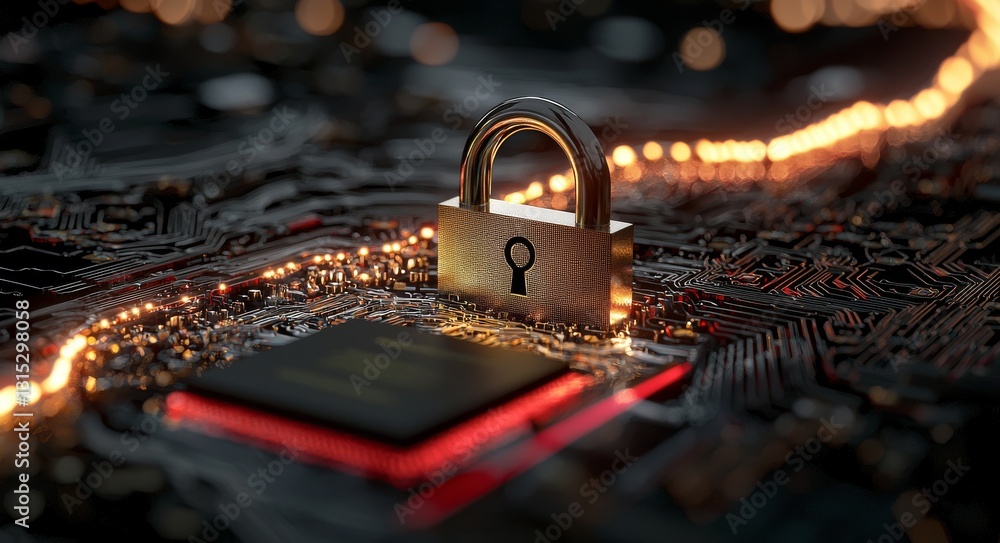 Poster the digital padlock icon represents cyber security, which encompasses the technology network and dat