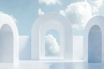 Minimalist Futuristic Architecture with Circular Structures Against a Bright Sky, Generative AI
