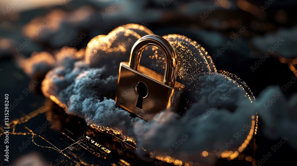 Aufkleber Cloud computing technology is represented by a large cloud icon situated above a polygon in an abstract world with a dark blue background, emphasizing database storage security and backup transfer