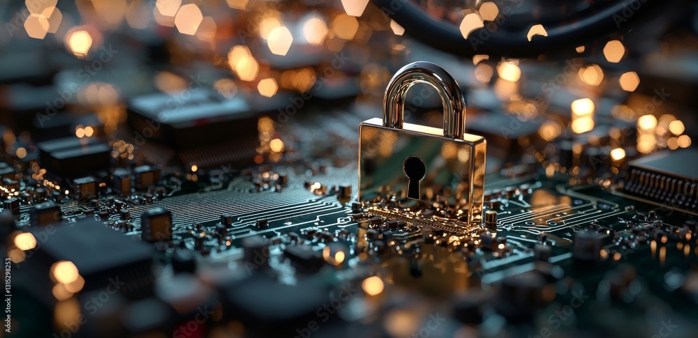 Poster cyber security is represented by a digital padlock icon, symbolizing the technology network and data