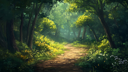 Obraz premium A serene forest pathway surrounded by lush trees and vibrant foliage, inviting nature lovers to explore and enjoy the tranquility. Whispering - Wind. Illustration