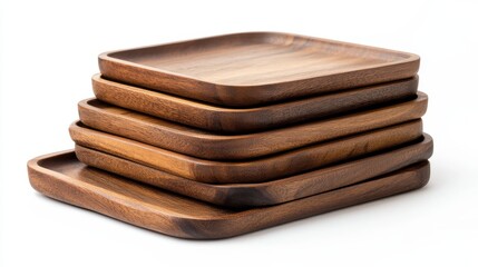 A set of artisanal wooden serving trays, stacked neatly, on a white isolated background