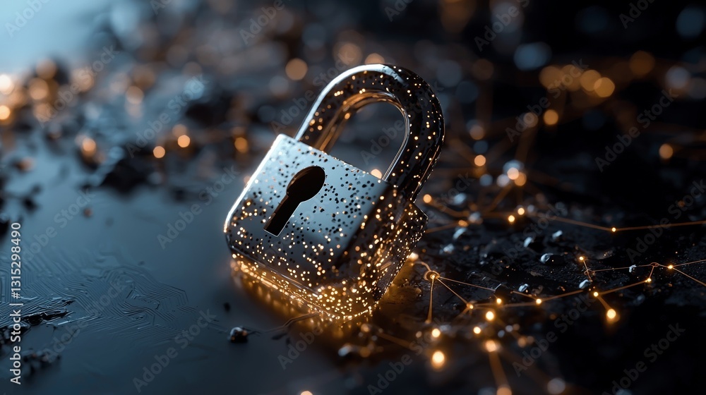 Poster a dark blue background with an outer blur features a large padlock at its center, connected to small
