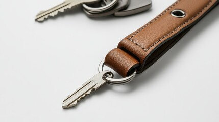 A premium leather keychain with a minimalist design, placed on a white surface, on a white isolated background