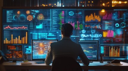 Data analyst working late night, surrounded by multiple displays showing various metrics and data visualizations