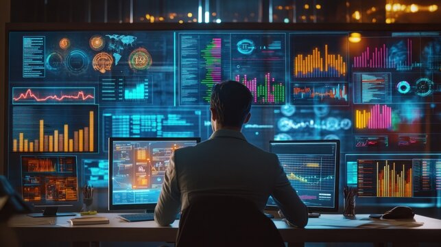 Data analyst working late night, surrounded by multiple displays showing various metrics and data visualizations