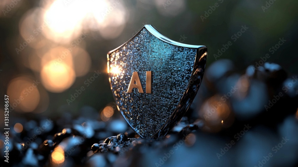 Poster the concept of a security shield is centered around data protection, depicted as a shield with dots 
