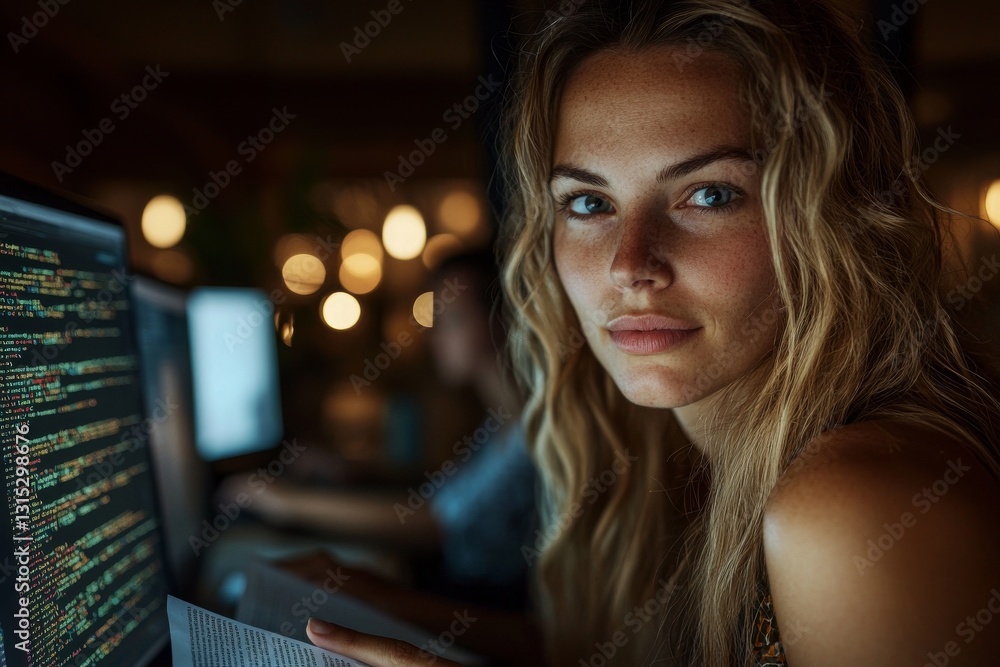 Poster a female data engineer is shown in a side view portrait working at her desk with computers in an off
