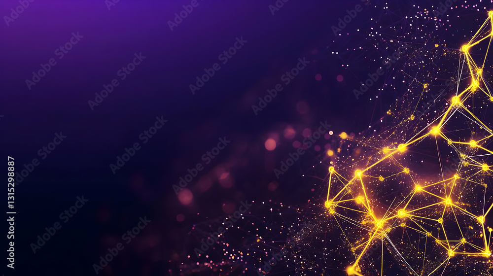 Poster golden particles form network on dark purple background with depth of field effect for technological