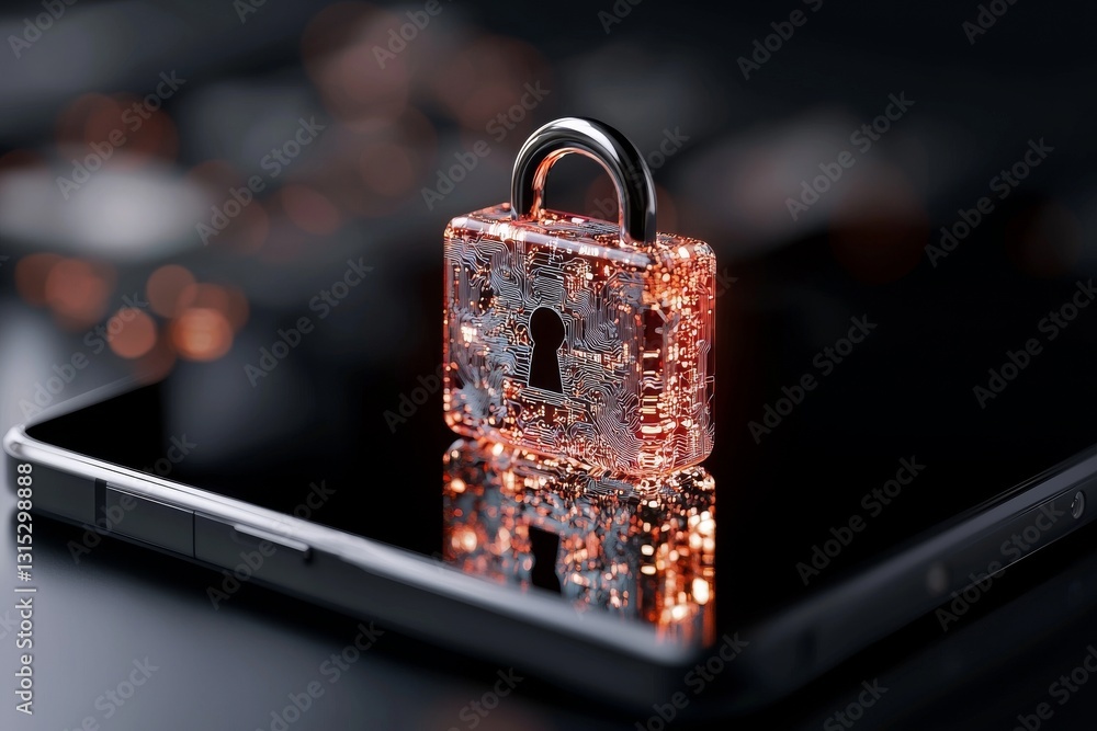 Poster a padlock hologram displayed on a smartphone screen symbolizes the protection of business and financ