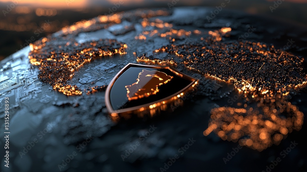 Poster cyber security and information network protection is represented by a shield icon on a secure global
