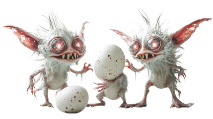 Obraz premium Glimmer Goblins ? Little, mischievous beings with sparkling eyes, playfully hiding eggs in unexpected places on a white background --ar 16:9