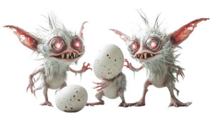 Glimmer Goblins ? Little, mischievous beings with sparkling eyes, playfully hiding eggs in unexpected places on a white background --ar 16:9