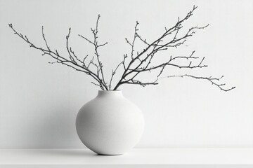 Simple elegance: A minimalist white vase holds a graceful arrangement of bare branches against a white backdrop.