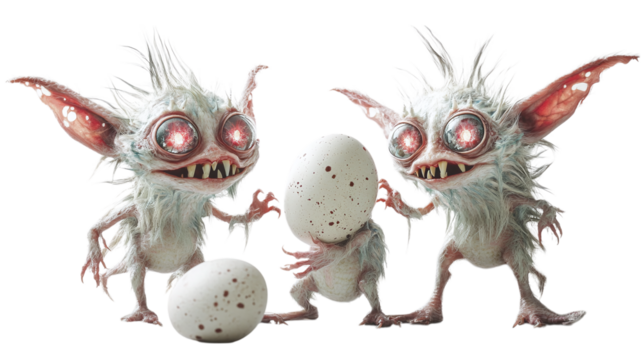 Glimmer Goblins ? Little, mischievous beings with sparkling eyes, playfully hiding eggs in unexpected places on a white background --ar 16:9