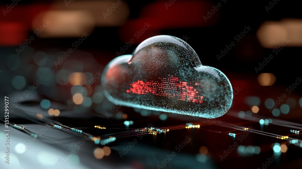 Aufkleber The concept of transferring data through cloud and edge computing technology is represented by a large cloud icon at the center, surrounded by abstract code, interconnected polygons, and multicolored