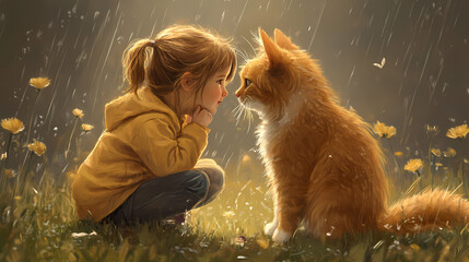 Children and pet, quiet moments, shared secrets as they sit together, the child whispering to their furry friend. Whispering - Wind. Illustration