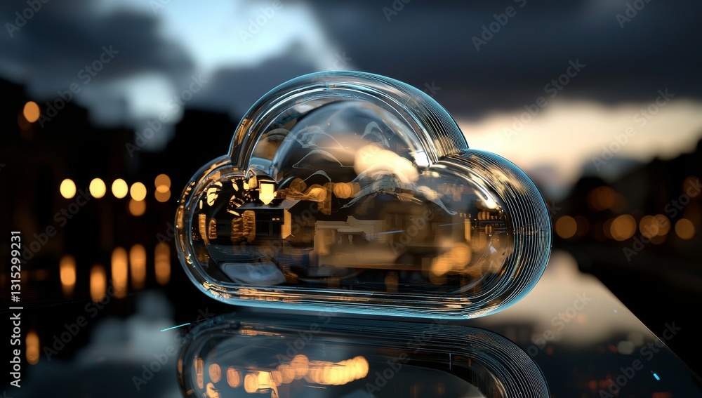 Poster cloud computing is depicted as a cloud with a hologram and digital wireless connection for data tran