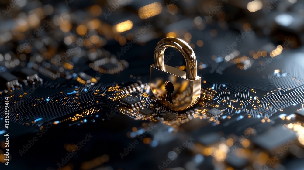 Aufkleber electronic circuit featuring a horizontal lock with a blue light, symbolizing cyber security and dat