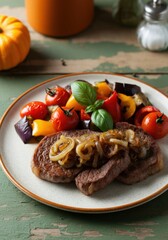 On a battered wooden table is a plate full of juicy beef steaks with caramelized onions, garnished with fresh basil