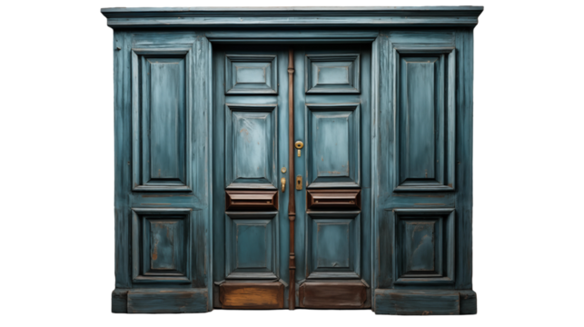 Teal Antique Double Door Wooden Entrance Design, Retro Home Decor with Blue Background, isolated on transparent background. - Powered by Adobe