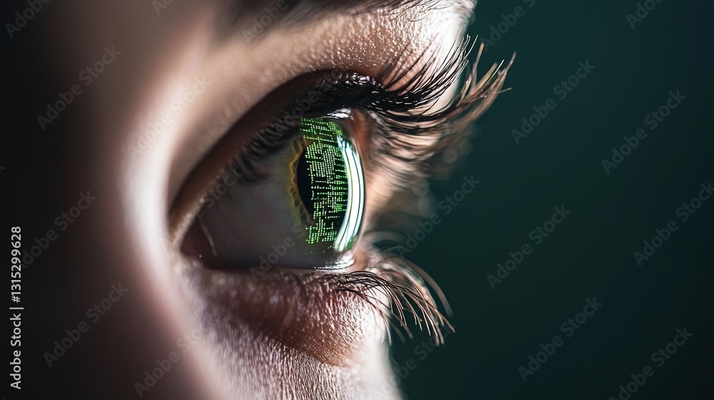 Poster the concept of cyber security, technology, and the future is represented by a human eye close-up on 