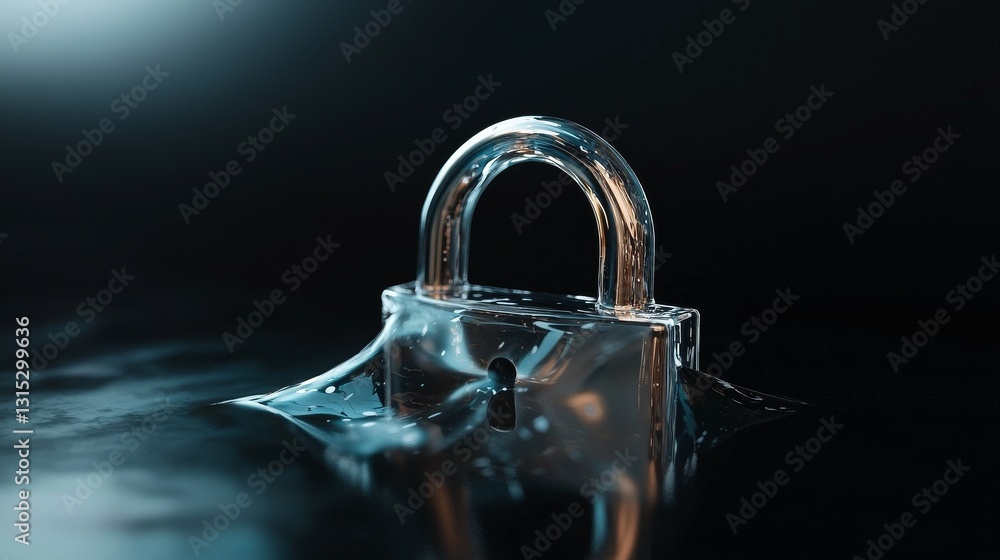 Poster digital security is symbolized by a transparent padlock on a luminous background