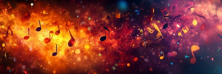 Radiant waves of notes in a colorful abstract cosmos