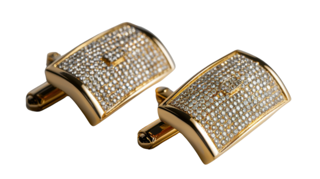 Pair of gold cufflinks covered in diamonds on transparent background