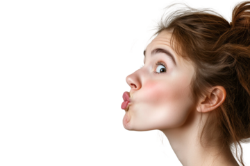 a 20 year old woman with extremely puckered lips blowing air, cheeks sucked inward, wide eyes, on a white background