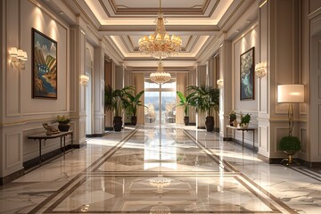 Fototapeta premium Ultra HD 3D render of an elegant and spacious hallway with marble floors, a statement chandelier, and fine art displayed on the walls, captured in high-definition photography quality for brochure use,