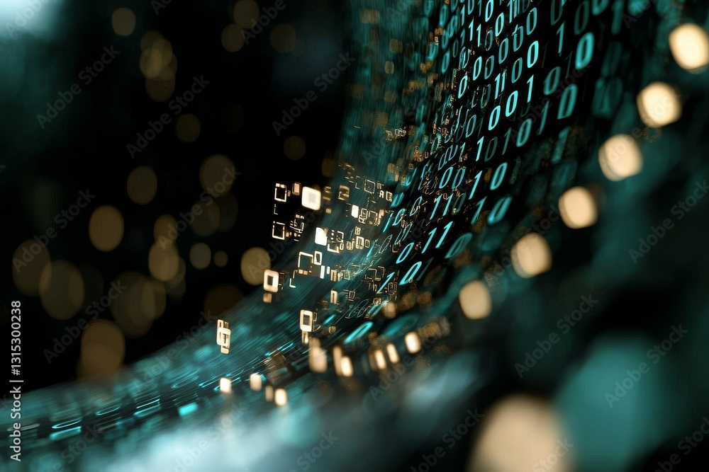Poster The rise of the big data AI age is exemplified by binary code data bits on a laptop computer screen, where a matrix of data flow converges with stock data transfer, illustrating a high-tech digital