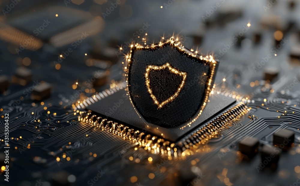 Poster a circuit board and shield icon symbolize the concept of electronic technology, computer data protec