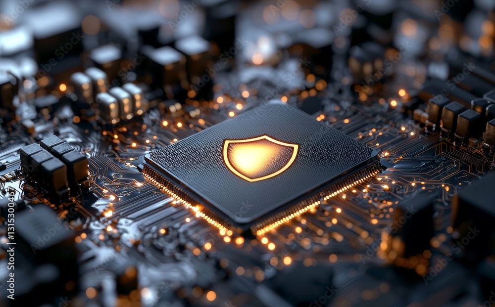 Poster concept of hardware security, computer data protection, and electronic technology represented by a c